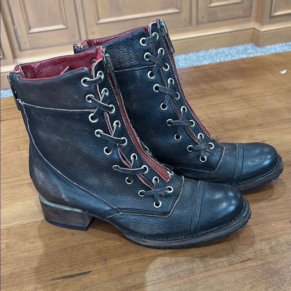FREEBIRD Steven LIVERPOOL Brown COMBAT BOOTS Red Zip Up Distressed Leather